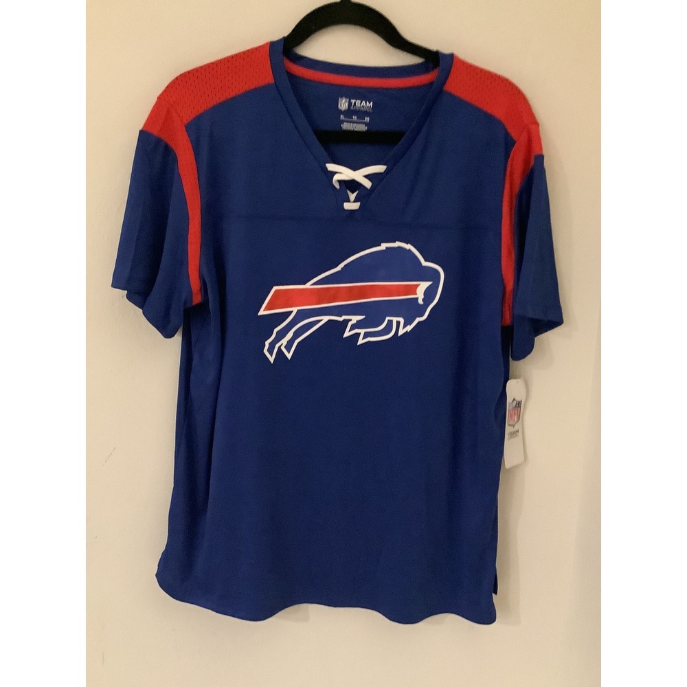 NFL Team Apparel Buffalo Bills Lace Up V-Neck Jersey Shirt Blue Red Womens XL